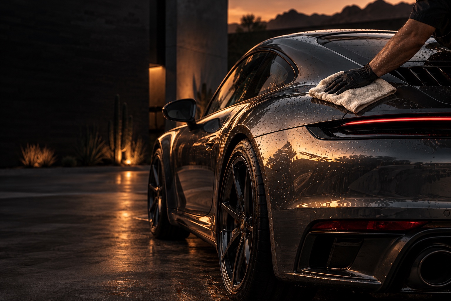 Concept campaign: a gloved hand finishing the glossy fender of a graphite coupe